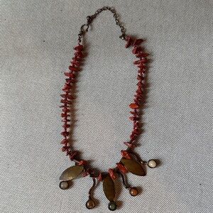 Chic Red Coral Beaded Necklace with Leaf Accents